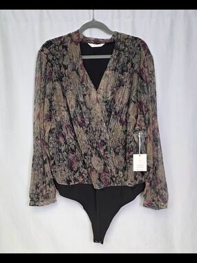 LC Lauren Conrad Floral Metallic Surplice Long-Sleeve Bodysuit - Black Multi NWT